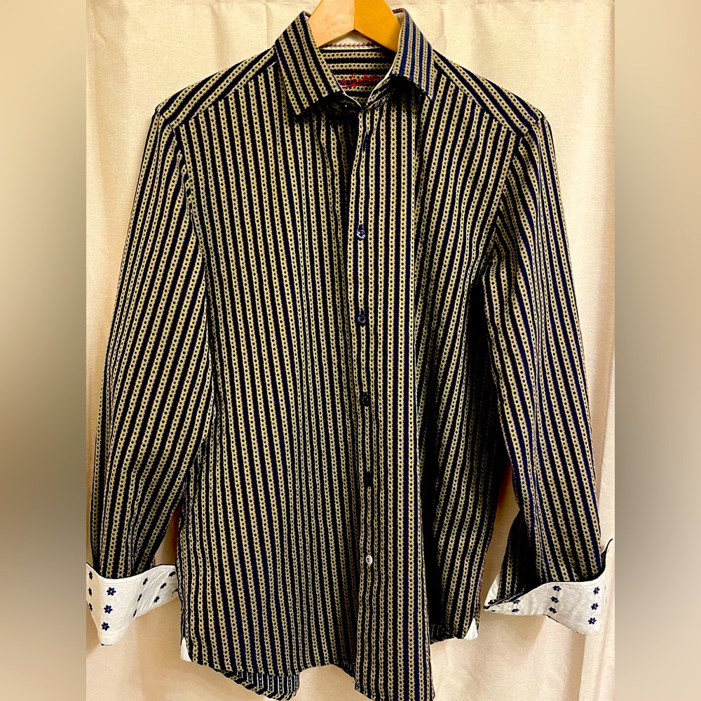 Robert Graham, Medium, Dark Blue/Army Green and Purple Striped Dress Shirt.